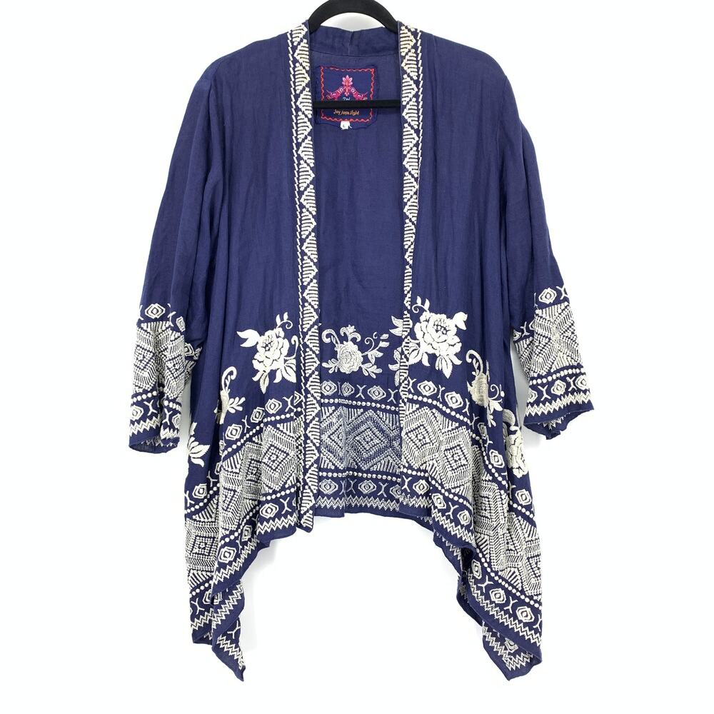 Johnny Was Joy Joy Light Cardigan Womens L Navy Embroidered Open Front Boho